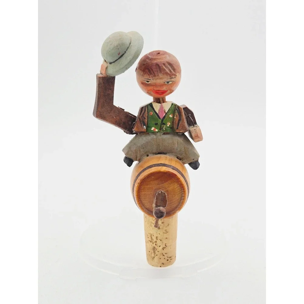 Vintage ANRI Italy Mechanical Wood Bottle Stopper Tipping Hat Man on Barrel READ